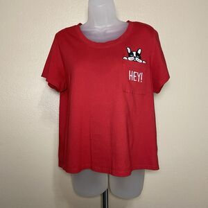 Love Peace & Lazy Days girls sz. XL red crop tee w/ pocket dog.